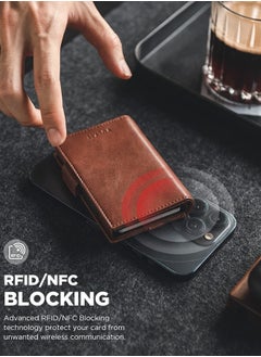 VULKIT Card Holder Wallet with Airtag Holder & ID Window Pop Up Slim Leather Wallet RFID Blocking Magnetic Closure for Credit Cards and Cash Brown  - Image 4