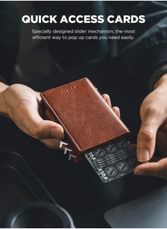 VULKIT Card Holder Wallet with Airtag Holder & ID Window Pop Up Slim Leather Wallet RFID Blocking Magnetic Closure for Credit Cards and Cash Brown  - Image 3