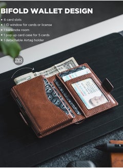 VULKIT Card Holder Wallet with Airtag Holder & ID Window Pop Up Slim Leather Wallet RFID Blocking Magnetic Closure for Credit Cards and Cash Brown  - Image 5
