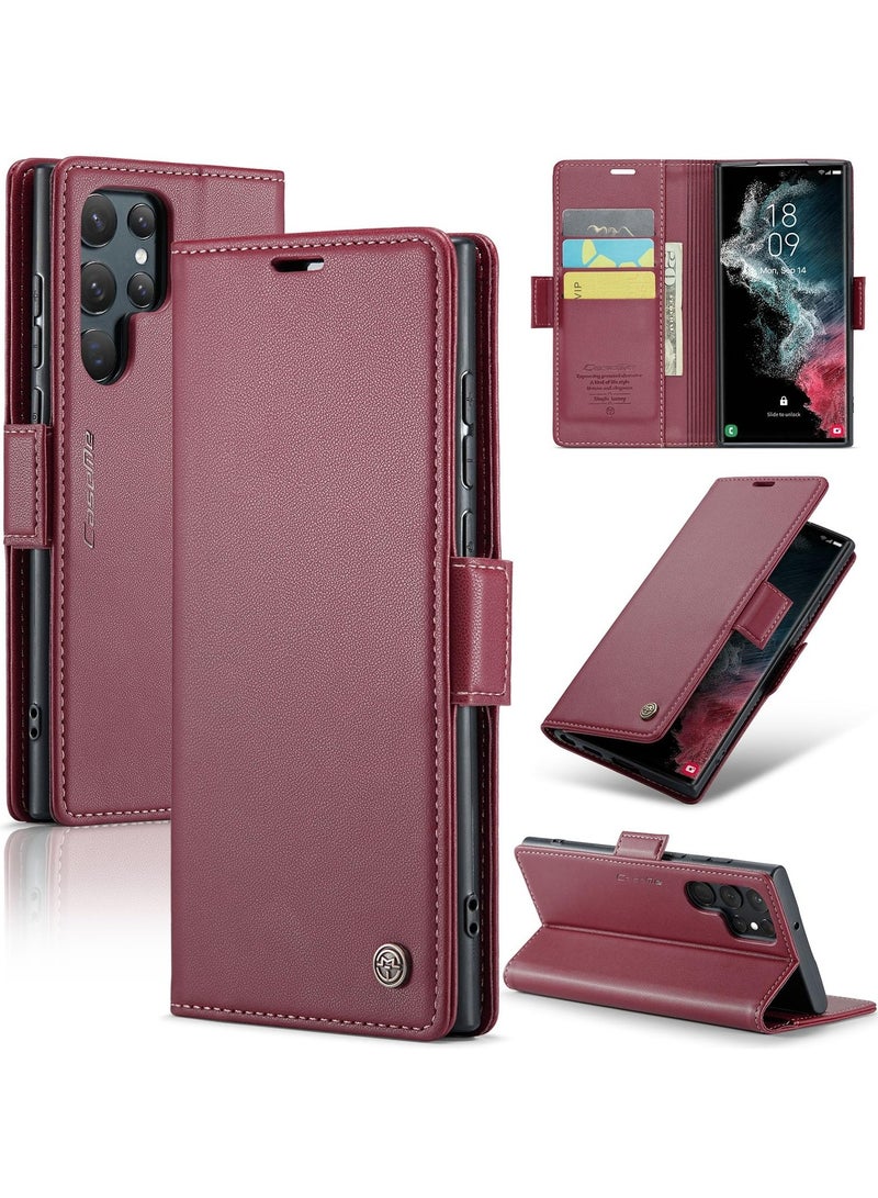 CaseMe Phone Case Luxury PU Leather Design Anti Fingerprint 023 Flip Cover Card Slot Holder Cover For Samsung Galaxy S22 Ultra (Red) - Image 1