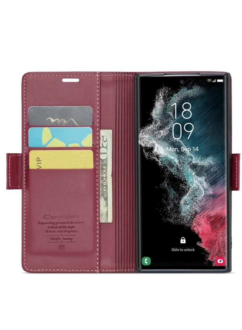 CaseMe Phone Case Luxury PU Leather Design Anti Fingerprint 023 Flip Cover Card Slot Holder Cover For Samsung Galaxy S22 Ultra (Red) - Image 2