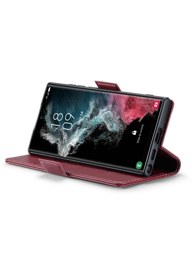 CaseMe Phone Case Luxury PU Leather Design Anti Fingerprint 023 Flip Cover Card Slot Holder Cover For Samsung Galaxy S22 Ultra (Red) - Image 3