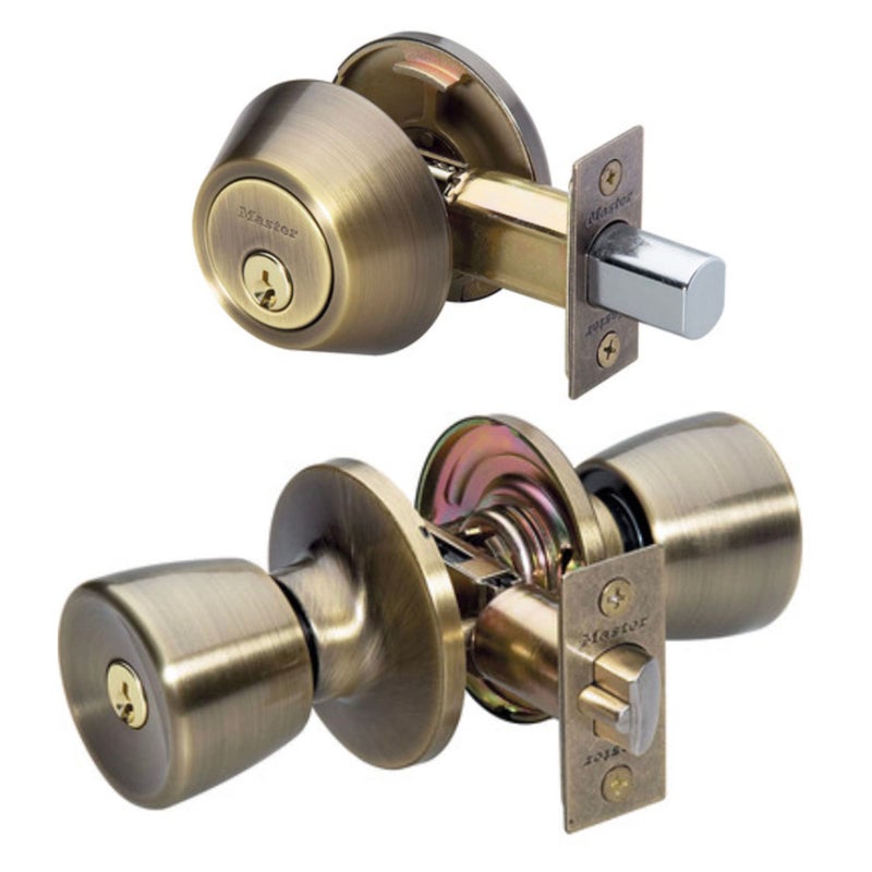 Master Lock Keyed Entry Door Lock Single Cylinder Deadbolt with Matching Tulip Style Knob Antique Brass TUCO0605Combo