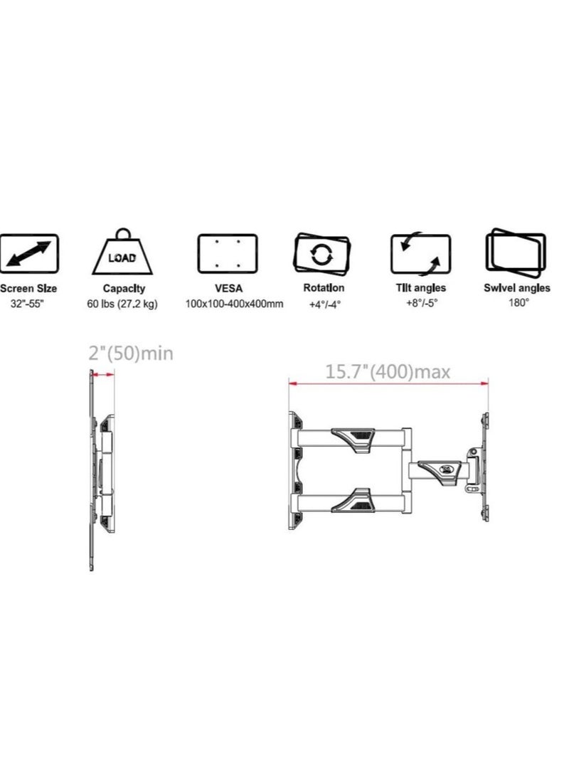 Full Motion TV Wall Mount for Most 32 55 Inch Computer Monitors and TVs Adjustable Tilting Rotating Weight up to 60lbs - Image 4