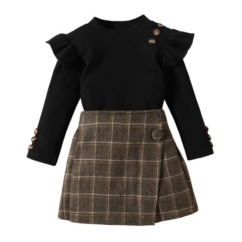 Fernvia Toddler Girl Fall Winter Clothes Ruffles Long Sleeve Shirt and Plaid Shorts Skirt Kids Little Girl 2Pcs Outfits Set (A black, 5-6 Years) - Image 1