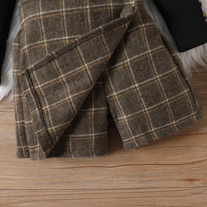 Fernvia Toddler Girl Fall Winter Clothes Ruffles Long Sleeve Shirt and Plaid Shorts Skirt Kids Little Girl 2Pcs Outfits Set (A black, 5-6 Years) - Image 5