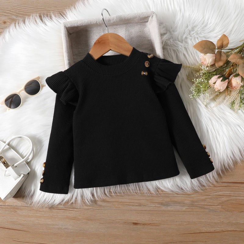 Fernvia Toddler Girl Fall Winter Clothes Ruffles Long Sleeve Shirt and Plaid Shorts Skirt Kids Little Girl 2Pcs Outfits Set (A black, 5-6 Years) - Image 3
