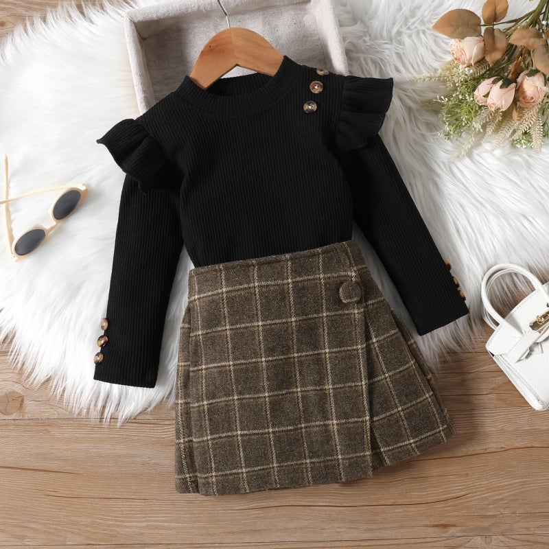 Fernvia Toddler Girl Fall Winter Clothes Ruffles Long Sleeve Shirt and Plaid Shorts Skirt Kids Little Girl 2Pcs Outfits Set (A black, 5-6 Years) - Image 2