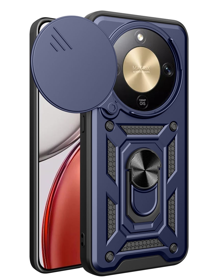 Honor X9d 5G Case, Heavy Duty Shockproof Protection Case with Finger Ring Phone Holder and Camera Lens Protector Slide Window, Phone Protect Case Cover for Honor X9D 5G Black