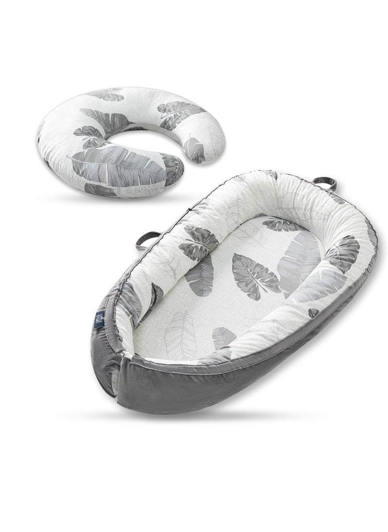 Little Story Soft Breathable Fiberfill Newborn Lounger Bed With Baby Nursing And Feeding Pillow - Leaves  - Image 1
