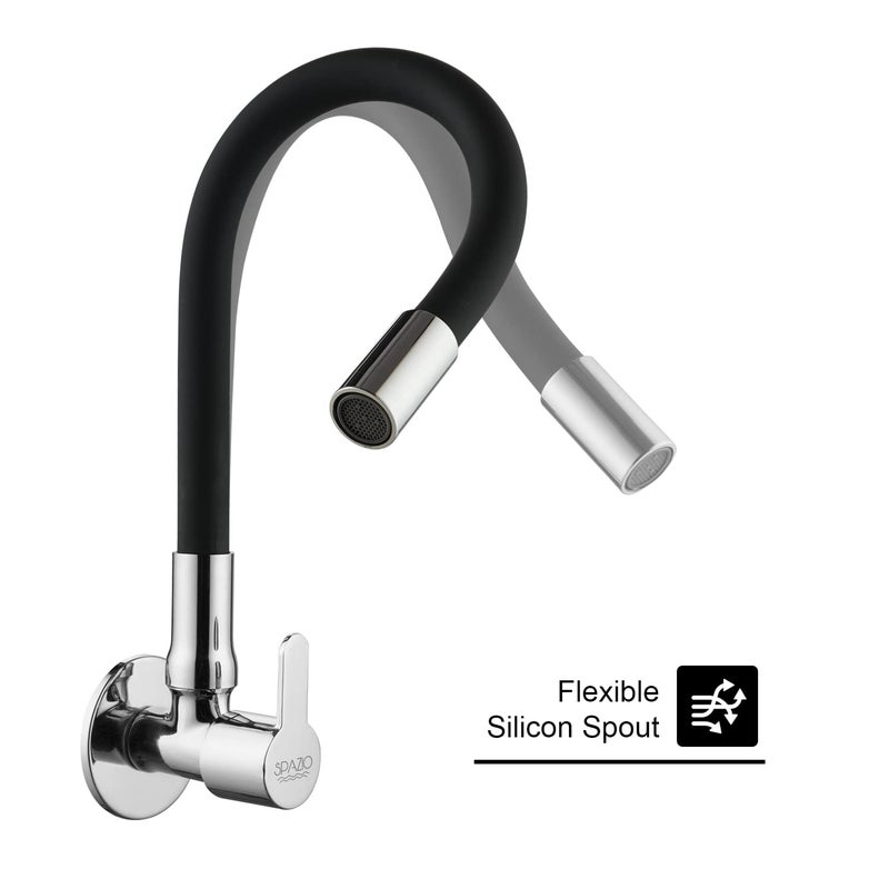 SPAZIO Fusion Brass Sink Cock TapSink Faucet with Black 360 Degree Flexible Silicon Swivel Spout Foam Flow Pattern Hot OR Cold Water for Kitchen Sink Wash Basin Chrome Finish with Wall Flange - Image 3