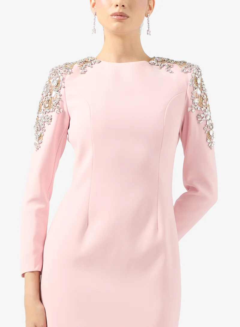 جينجر بوتيك Rhinestone Embellished Luxe High Neck Evening Gown