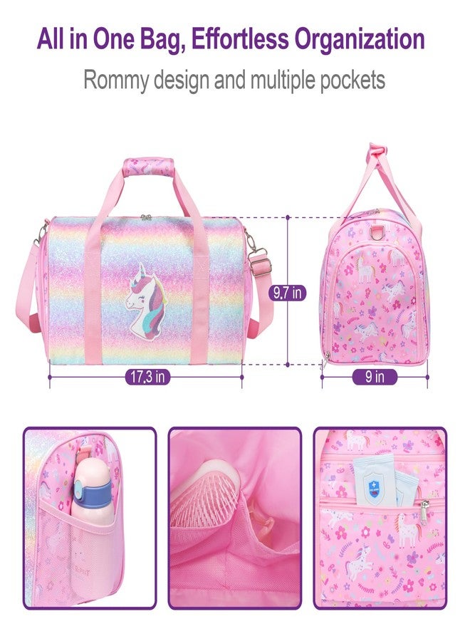 Bagseri Dance Bag for Girls - Kids Duffle with Shoe Compartment, Gymnastics Tote for Sleepover Travel with Water Resistant Wet Pocket（Glitter Unicorn, Pink） - Image 3