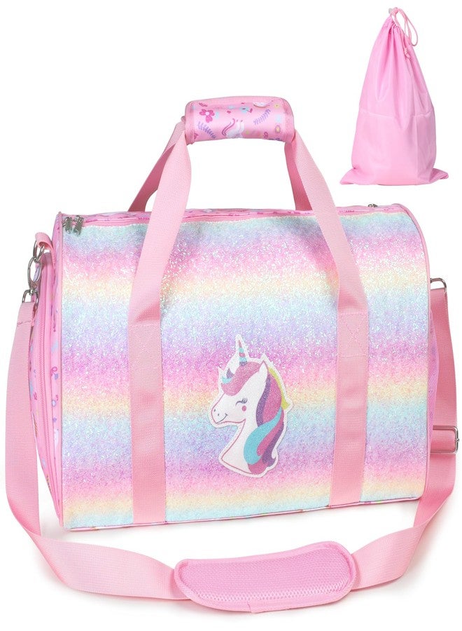 Bagseri Dance Bag for Girls - Kids Duffle with Shoe Compartment, Gymnastics Tote for Sleepover Travel with Water Resistant Wet Pocket（Glitter Unicorn, Pink） - Image 1