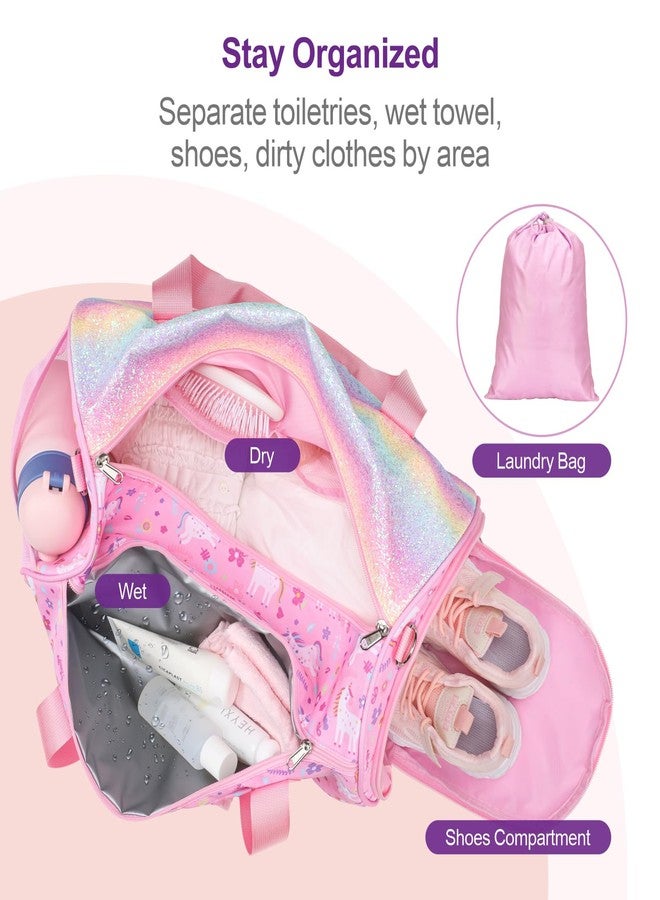 Bagseri Dance Bag for Girls - Kids Duffle with Shoe Compartment, Gymnastics Tote for Sleepover Travel with Water Resistant Wet Pocket（Glitter Unicorn, Pink） - Image 4