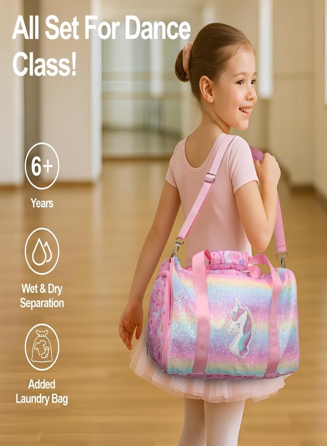 Bagseri Dance Bag for Girls - Kids Duffle with Shoe Compartment, Gymnastics Tote for Sleepover Travel with Water Resistant Wet Pocket（Glitter Unicorn, Pink） - Image 2