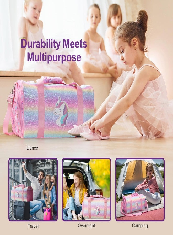 Bagseri Dance Bag for Girls - Kids Duffle with Shoe Compartment, Gymnastics Tote for Sleepover Travel with Water Resistant Wet Pocket（Glitter Unicorn, Pink） - Image 5