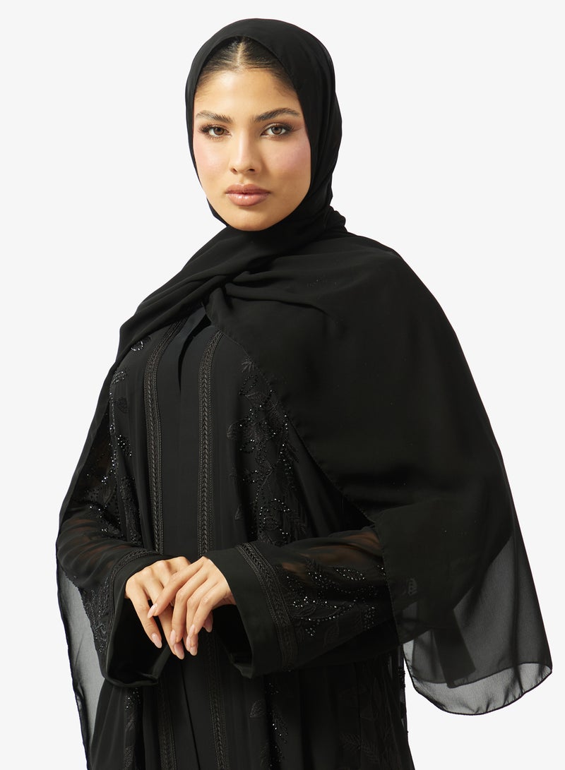 hayas closet Floral Embroidered And Embellished Open Front High Neck Abaya - Image 4