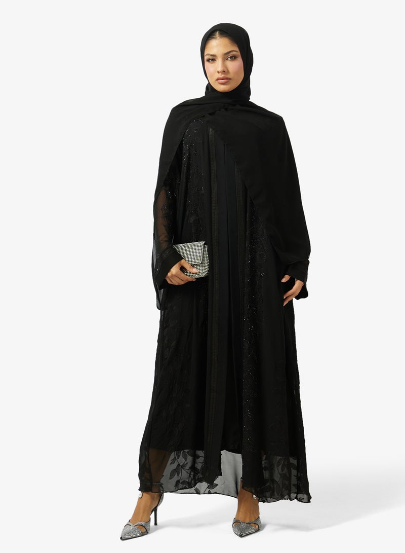 hayas closet Floral Embroidered And Embellished Open Front High Neck Abaya - Image 5