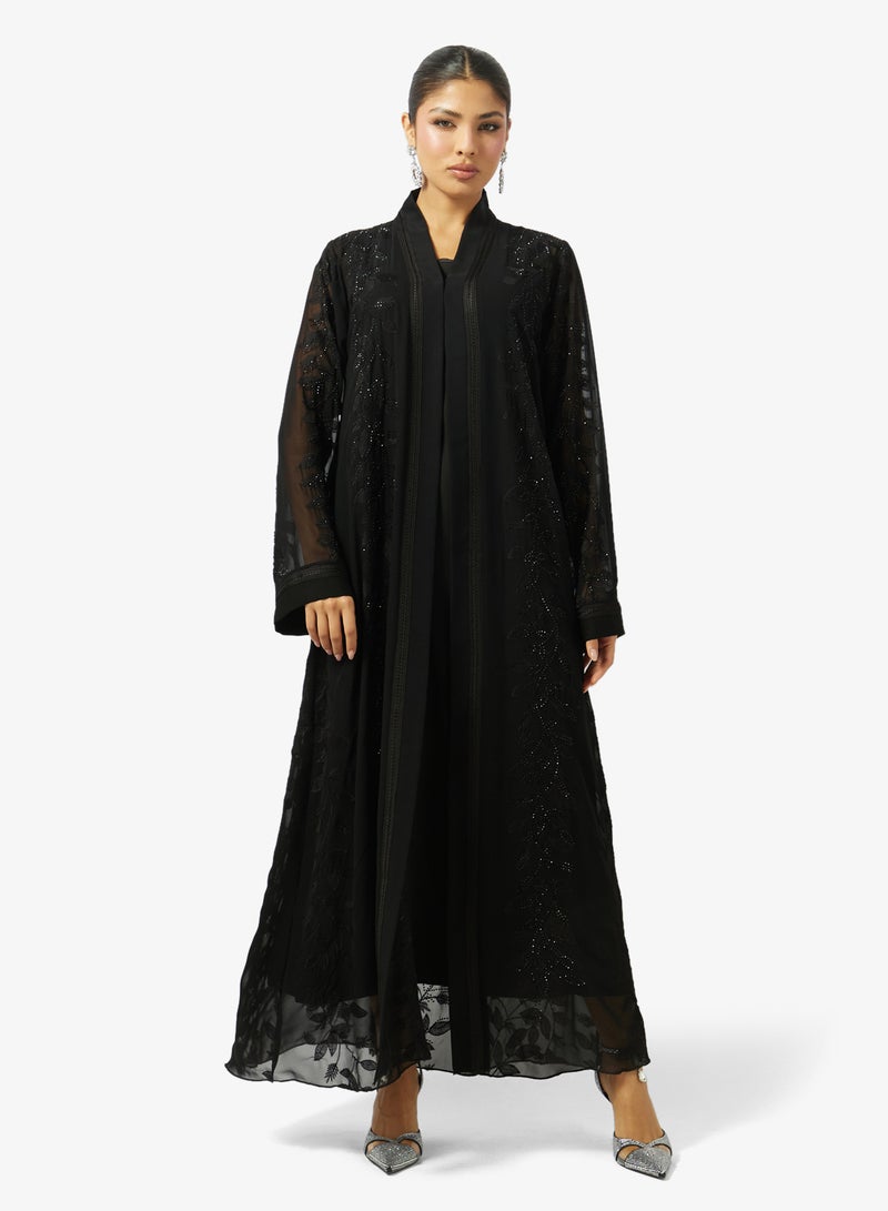 hayas closet Floral Embroidered And Embellished Open Front High Neck Abaya - Image 3