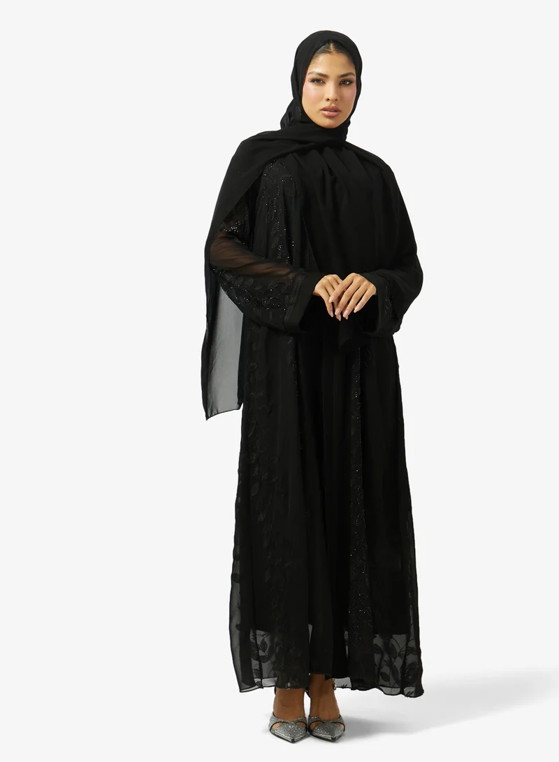 Floral Embroidered And Embellished Open Front High Neck Abaya
