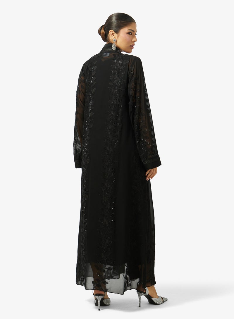 hayas closet Floral Embroidered And Embellished Open Front High Neck Abaya - Image 2