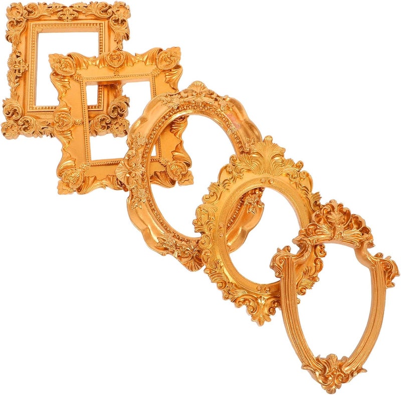 Ipetboom 5pcs Vintage Mini Resin Photo Frames Set – European Style Baroque Small Picture Holders for DIY Wall Art, Home Décor, Photography Props in Gold Geometric and Elliptical Patterns - Image 1