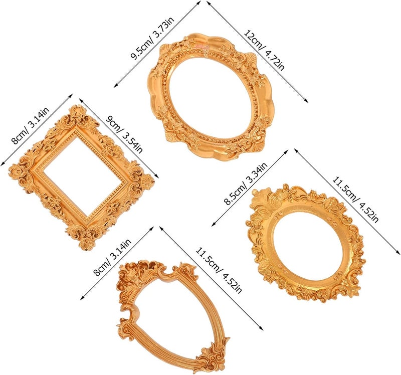 Ipetboom 5pcs Vintage Mini Resin Photo Frames Set – European Style Baroque Small Picture Holders for DIY Wall Art, Home Décor, Photography Props in Gold Geometric and Elliptical Patterns - Image 2