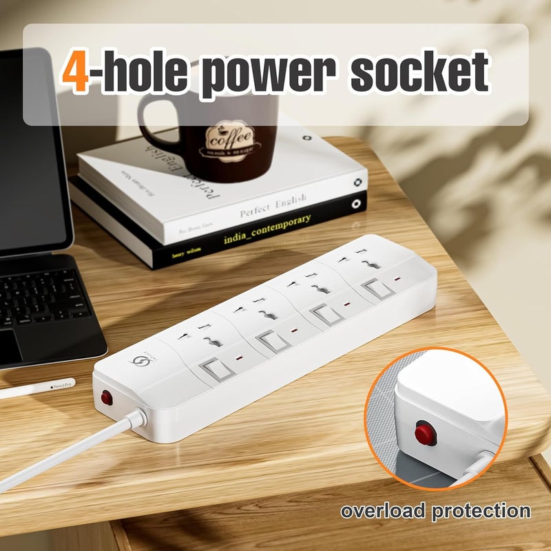INFLUX Extension Cord with 4 Outlets - 5 Meter Power Strip with 13A Fused Plug, Surge Protection, On/Off Switch, Universal Plug Adapter - Blue/White - Image 4