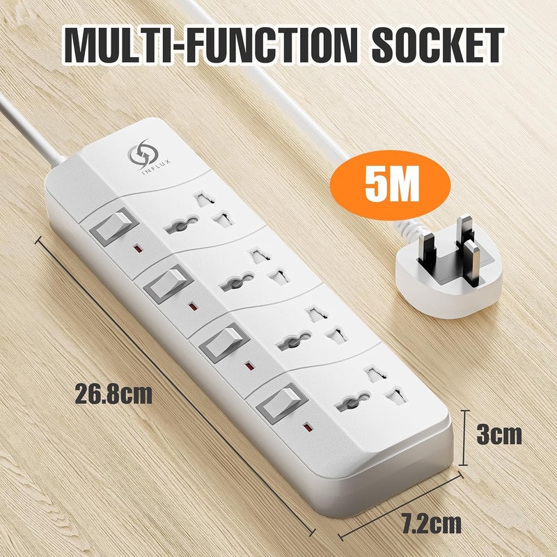 INFLUX Extension Cord with 4 Outlets - 5 Meter Power Strip with 13A Fused Plug, Surge Protection, On/Off Switch, Universal Plug Adapter - Blue/White - Image 3