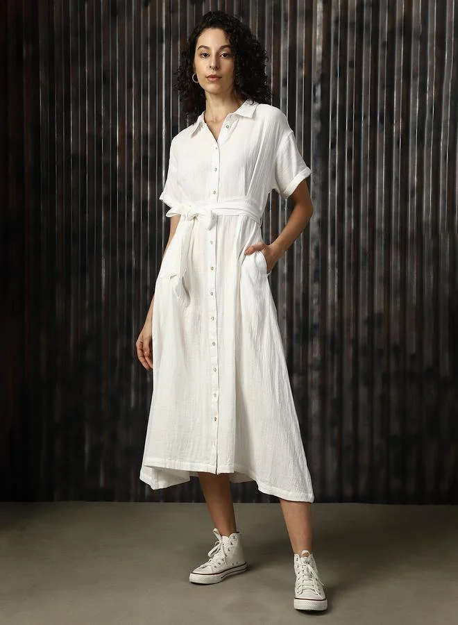 HIGH STAR Women'S Off White 100% Cotton Solid Pattern Regular Length Oversized Dress