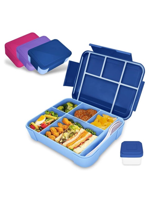صندوق غداء لمدرسة الأطفال، صندوق غداء للأطفال مع مقصورات، صندوق بينتو للأطفال، صندوق غداء ضد التسرب للبنات والأولاد، صندوق وجبات خفيفة، مثالي للمدرسة، حضانة ورحلات (أزرق ملكي)