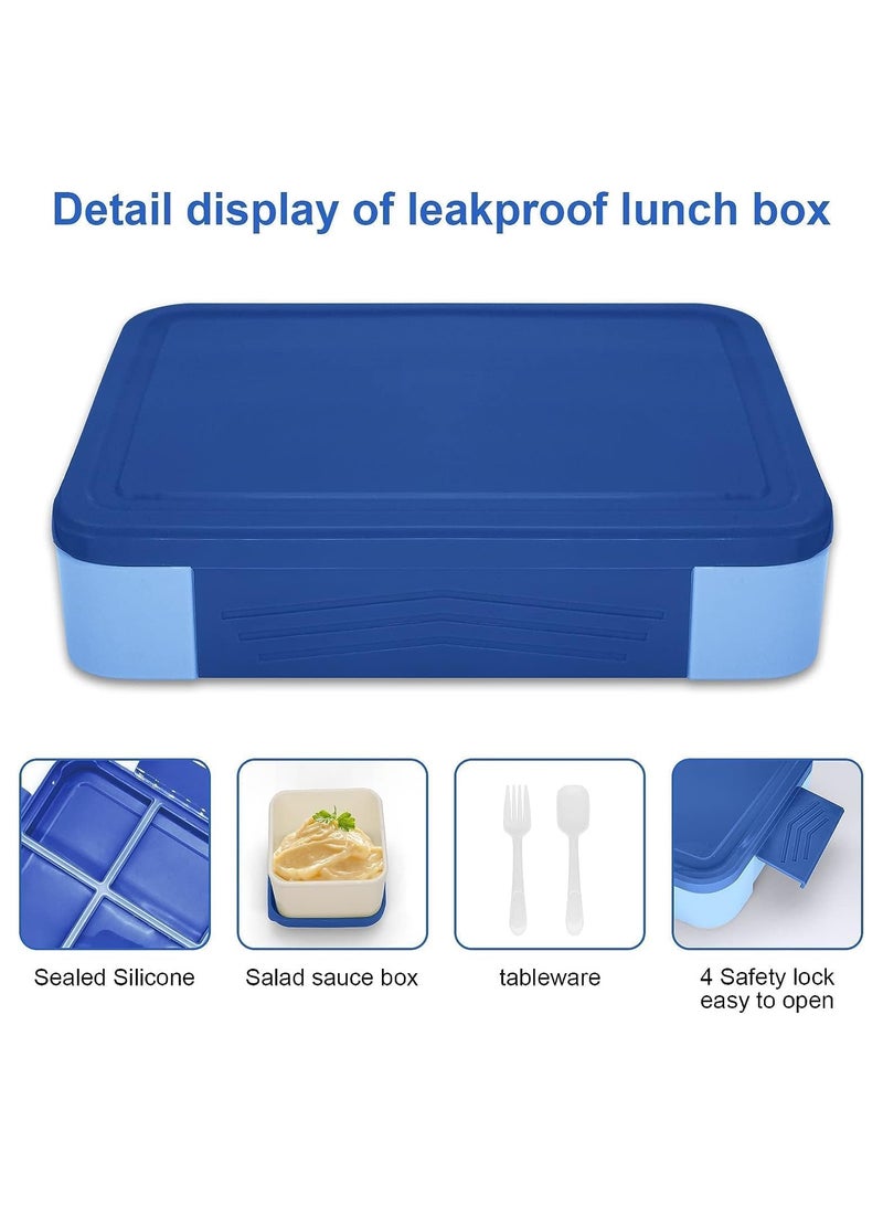 صندوق غداء لمدرسة الأطفال، صندوق غداء للأطفال مع مقصورات، صندوق بينتو للأطفال، صندوق غداء ضد التسرب للبنات والأولاد، صندوق وجبات خفيفة، مثالي للمدرسة، حضانة ورحلات (أزرق ملكي) - Image 3