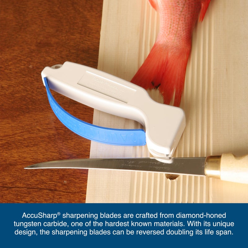 AccuSharp AccuSharp Knife & Tool Sharpener, Restores, Hones & Sharpens Straight & Serrated Knives, Hand-Held Tungsten Carbide Sharpening Tool, White & Blue, 1 Pack  - Image 4