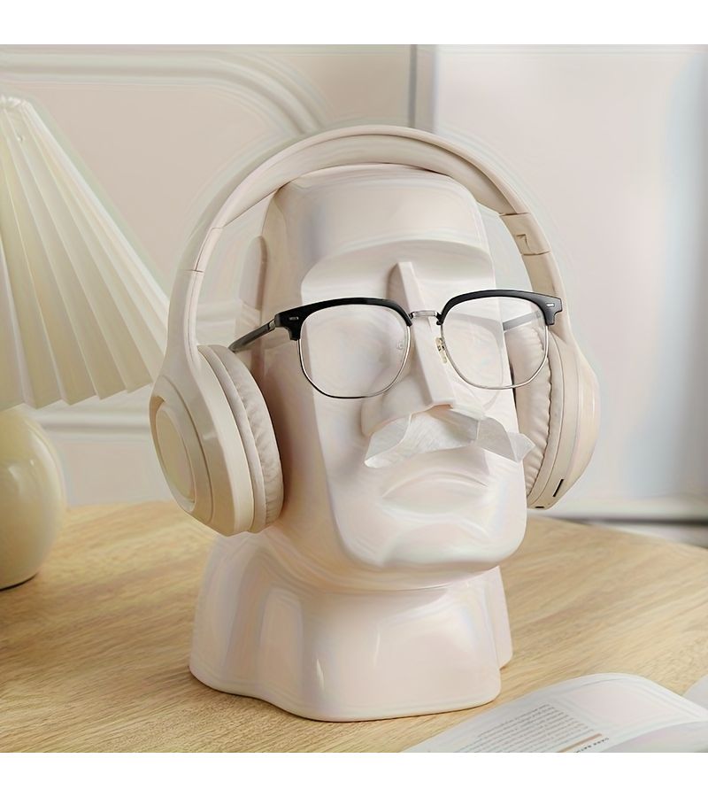 مناديل ورق بيضاء على شكل تماثيل مواي مع حامل للأنف بتصميم أنيق، منظم للمكتب. - Image 3