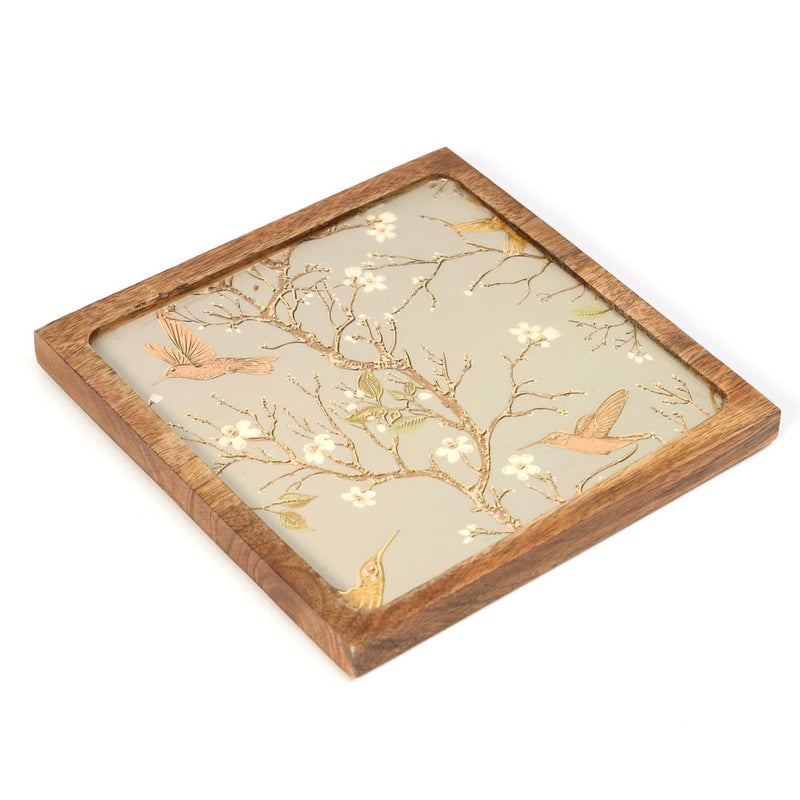 DULI طبق تقديم مربع مطلي بالمينا (8x8 بوصة) من خشب المانجو | طبق وجبات خفيفة للمنزل وطاولة الطعام | صينية متعددة الاستخدامات | صينية تقديم دائرية (طبق خشب المانجو - فضي ذهبي طائر كبير مربع) - Image 4