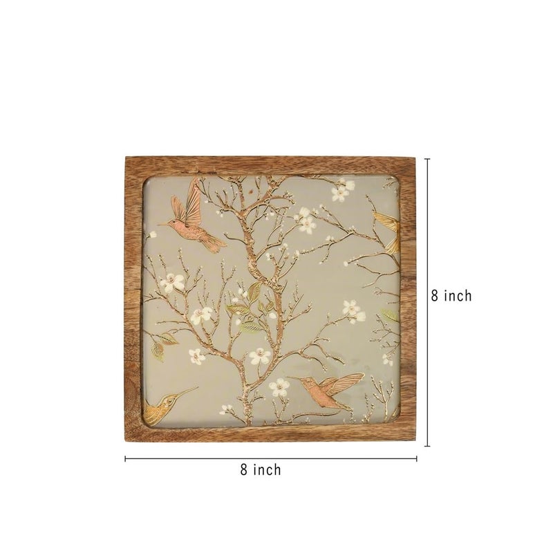 DULI طبق تقديم مربع مطلي بالمينا (8x8 بوصة) من خشب المانجو | طبق وجبات خفيفة للمنزل وطاولة الطعام | صينية متعددة الاستخدامات | صينية تقديم دائرية (طبق خشب المانجو - فضي ذهبي طائر كبير مربع) - Image 3