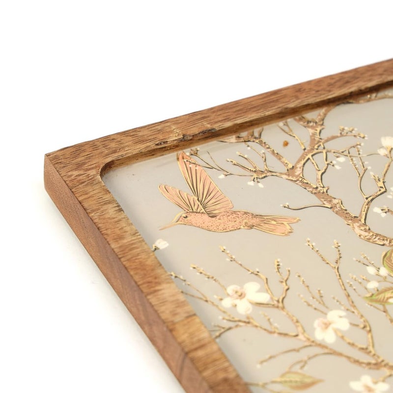 DULI طبق تقديم مربع مطلي بالمينا (8x8 بوصة) من خشب المانجو | طبق وجبات خفيفة للمنزل وطاولة الطعام | صينية متعددة الاستخدامات | صينية تقديم دائرية (طبق خشب المانجو - فضي ذهبي طائر كبير مربع) - Image 5