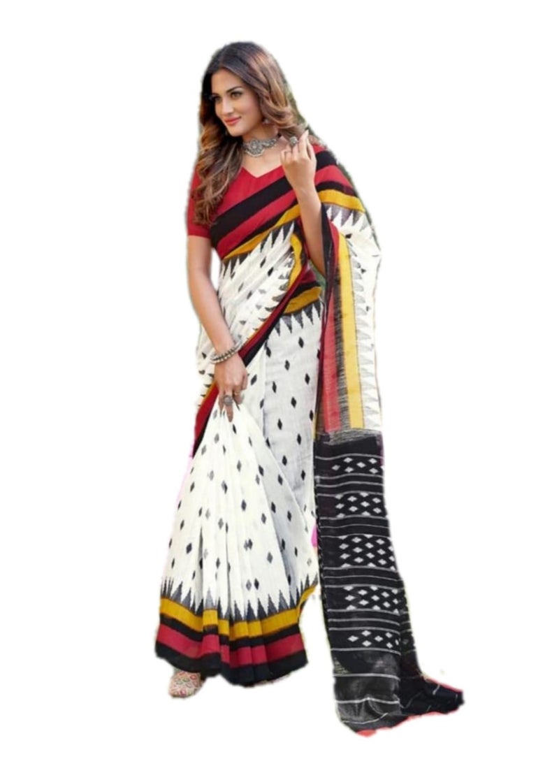 Grab Mantra Cotton White Red Black Ikat Prited Sraee With Unstitched Blouse  - Image 1