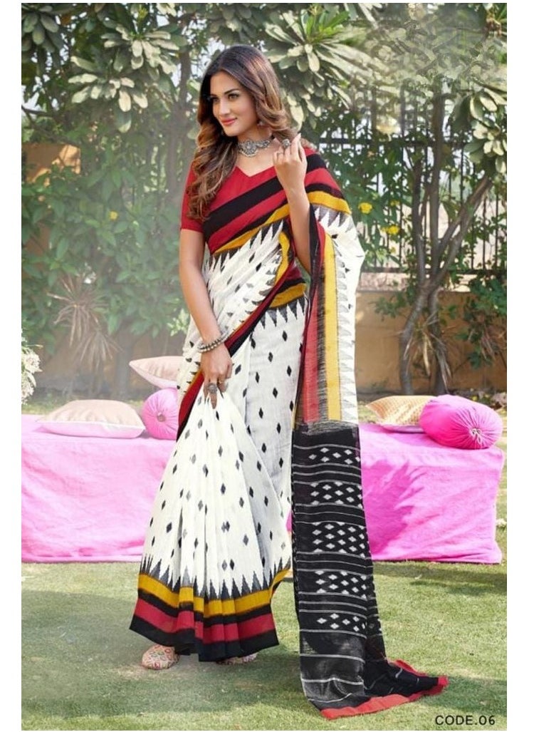 Grab Mantra Cotton White Red Black Ikat Prited Sraee With Unstitched Blouse  - Image 2