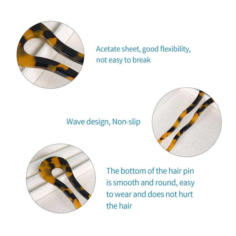 FRDTLUTHW 4.6Inch U Shaped Acetate French Hair Pin Tortoise Shell 2 Prong Bun Hair Sticks for Women Thick Long Hair(pack of 3) - Image 2