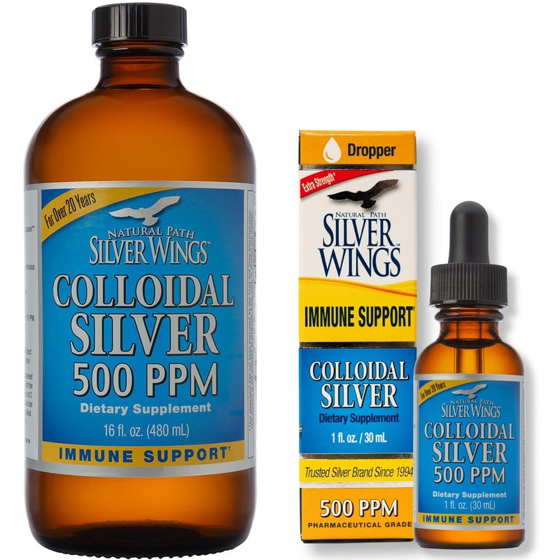 Natural Path Silver Wings Supplement Colloidal Silver 500 ppm 16 floz 480 ml Plus Colloidal Silver 500 ppm 1 floz 30 ml