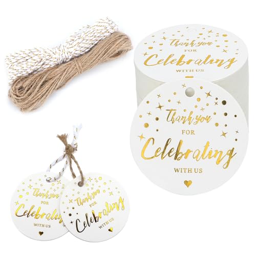 joycraft Thank You for Celebrating with Us Tags, 100Pcs Thank You Gift Tags with String, 2" Gold Foil White Paper Labels, Personalized Celebrating Tags for Gift Wrapping Weddings Baby Shower Holiday - Image 1
