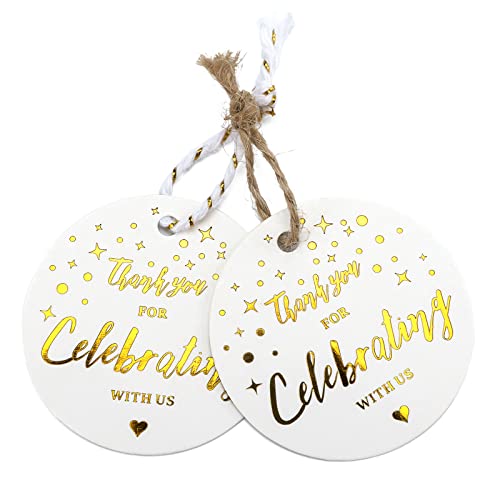 joycraft Thank You for Celebrating with Us Tags, 100Pcs Thank You Gift Tags with String, 2" Gold Foil White Paper Labels, Personalized Celebrating Tags for Gift Wrapping Weddings Baby Shower Holiday - Image 2