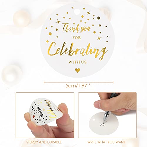 joycraft Thank You for Celebrating with Us Tags, 100Pcs Thank You Gift Tags with String, 2" Gold Foil White Paper Labels, Personalized Celebrating Tags for Gift Wrapping Weddings Baby Shower Holiday - Image 3