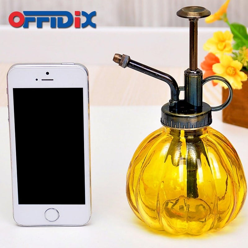 OFFIDIX Yellow Glass Watering Can Indoor, 6.3" Tall Vintage Style with Bronze Plastic Top Pump One Hand Spray Bottle - Image 2