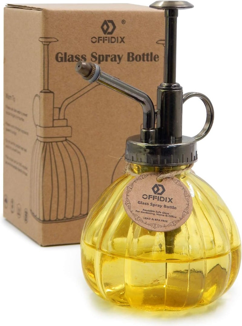 OFFIDIX Yellow Glass Watering Can Indoor, 6.3" Tall Vintage Style with Bronze Plastic Top Pump One Hand Spray Bottle - Image 1