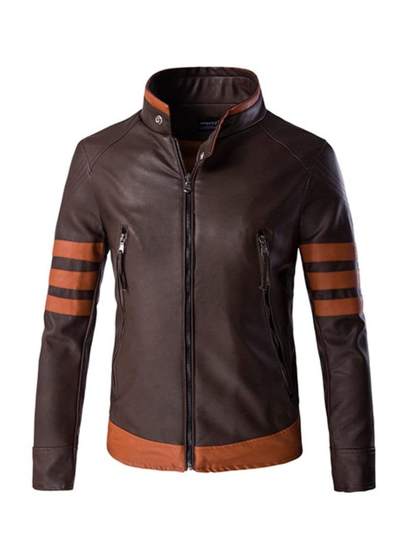 SYOSI - PU Leather Locomotive Coat for Men, Zipper Jacket Motorcycle Jacket Zippered Coats Stylish Jackets Slim Coats Casual Jacket(Color : Dark Brown, Size : X-Large) - Image 1