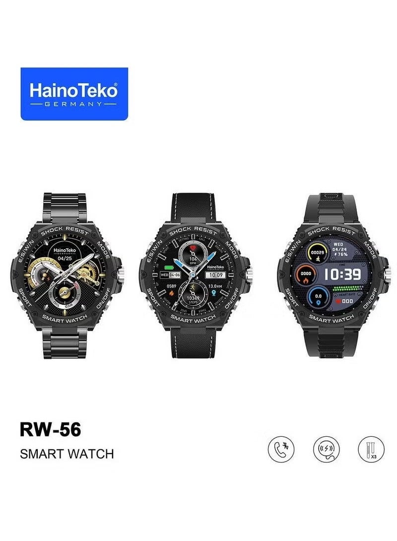 Haino Teko RW56 AMOLED Display Smart Watch – Round Shape, Wireless Charging, Fitness Tracker, Heart Rate Monitor, 3 Straps, Stylish and Functional – Black for Men & Boys - Image 1