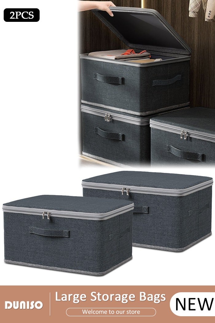 DUNISO 2PCS Foldable Storage Organizer Bag Clothes Storage Bins with Zip Lid  Large Storage Bags with Durable Handles Thick Fabric Storage Box for Blanket Comforter Clothing Bedding - Image 1